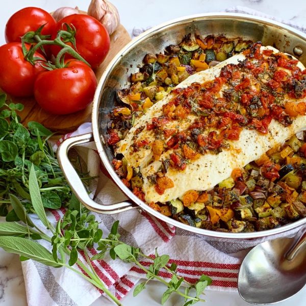 Baked Halibut & Ratatouille with a Tomato Herb Remoulade – Due Cellucci
